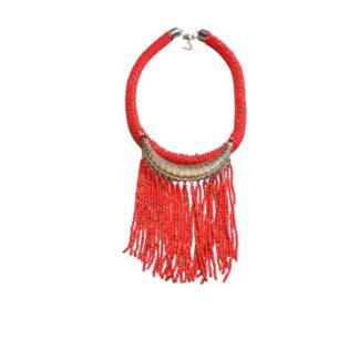 Handmade Ethiopian nickel collar with red fringe decoration