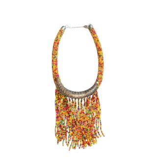 Handmade Ethiopian nickel collar with yellow fringe decoration